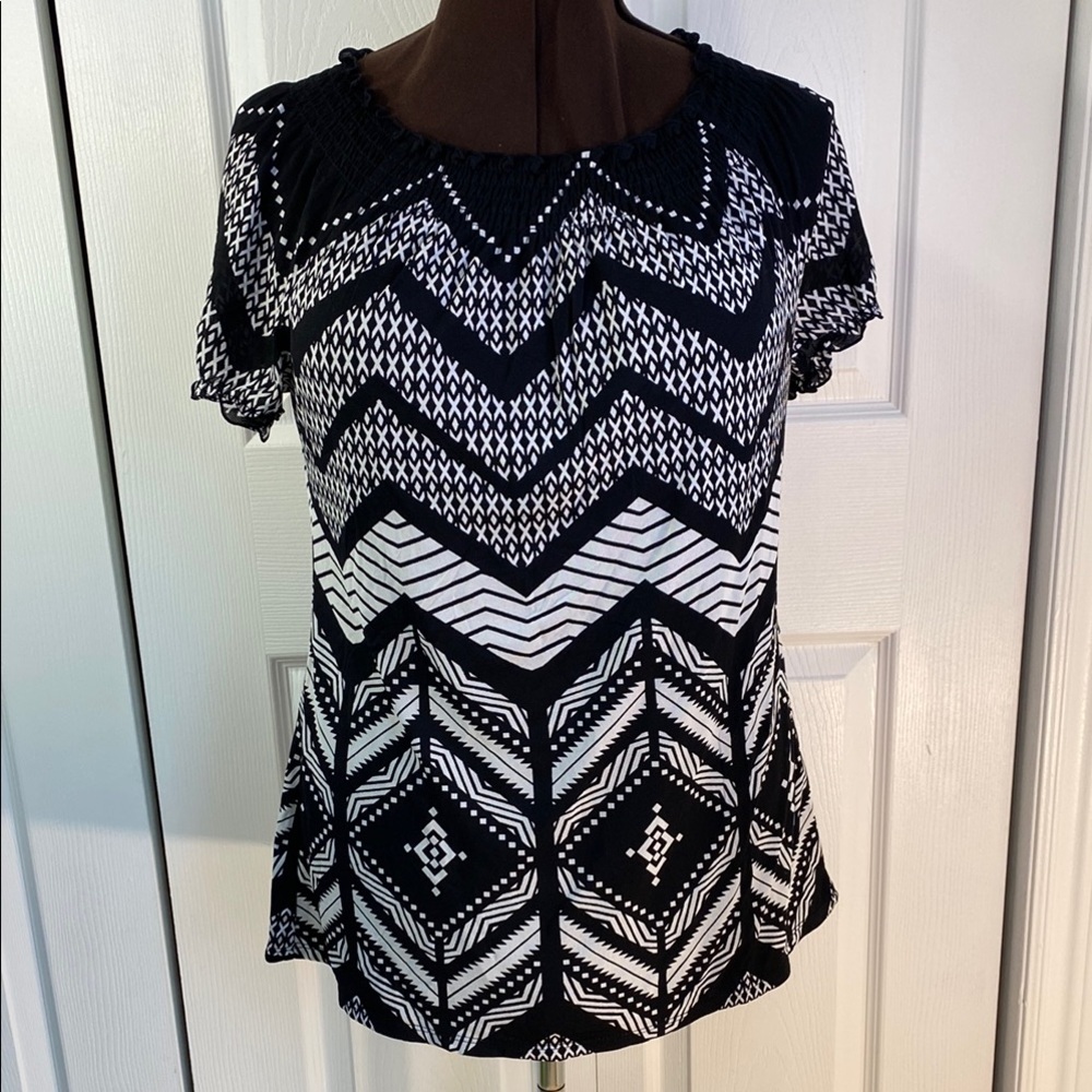 2 for $25 - Style & Co. Lined Graphic Blouse, Black and White, XL